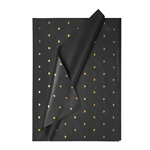 Large Black and Metallic Gold Gift Wrapping Tissue Paper, Floral wraping paper,Heart Printed Gifts Wrap Paper Birthday,Wedding,Baby Shower,Father's Day Art Craft Decoration (6 Black + Gold Heart)