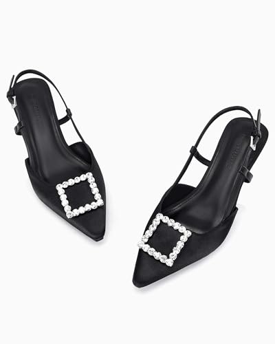 Coutgo Womens Slingback Low Kitten Heels Pumps Closed Pointed Toe Rhinestone Wedding Dress Shoes4