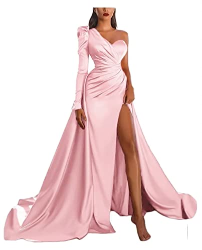 One Shoulder Prom Dresses 2023 Long Mermaid Long Sleeve Satin Split Formal Evening Party Gown for Wedding