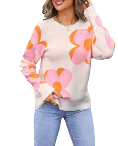 Image of Sumleno Womens Cute Color Block Flower Pattern Sweaters Crewneck Pullover Tops Kawaii Aesthetic Fall Winter Knitwear