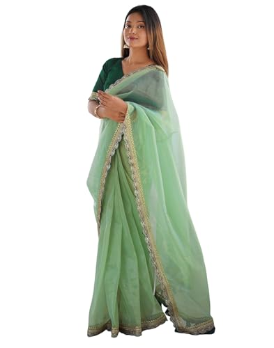 Image of SIRIL Women's Shimmer Net Lace Border Dual Tone Saree with Unstitched Blouse Piece