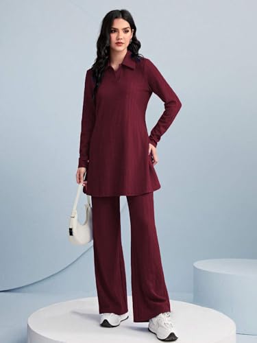 Tadkee Women's Solid Color Two-Piece Set | Long Sleeve Top & Wide Leg Pants Co-Ord Set | Casual Wear Co Ord Set (Fn-Full-Sleeve-Cord-125-Maroon-Xxl)