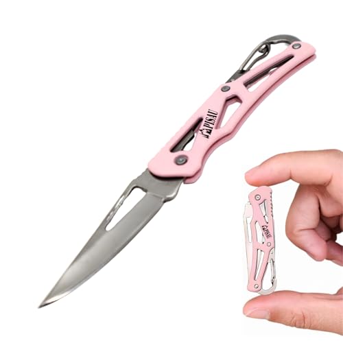 PISAU Small Stainless Steel Camping Folding Knife with Carbinner for Emergceny, Fishing and Camping (Pink)