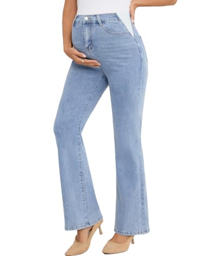 Image of PACBREEZE Women's Maternity Flare Jeans Mid-Rise Stretchy Bell Bootcut Jeans Denim Pregnancy Pants, S-XXL