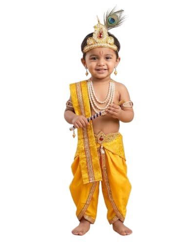 Image of Krishna Dress for Baby Boy Kids Janmashtami Costume | Dhoti & Patka Included, Mukut & Morpankh, Bansuri & Kamarband, Bajuband & Kundal, 8-Piece Set