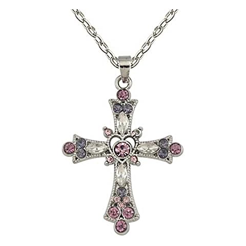 CHENLING European and American ins court style retro y2k hot girl diamond colored crystal diamond cross pendant clavicle chain necklace, Purple Pink Cover