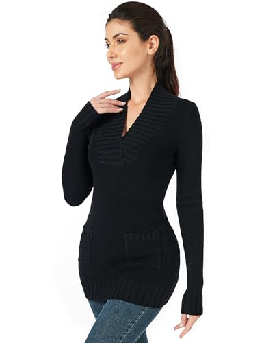Image of AmelieBoutik Women Long Sleeve Casual Ribbed Neckline Knit Winter Pullover Sweater with Pocket(Black X-Large)