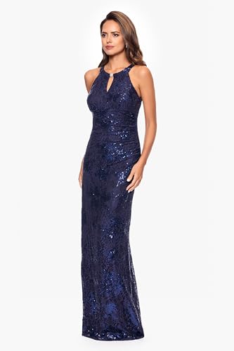 Betsy & Adam Women's Sleeveless Sequin Lace Keyhole Halter Evening Gown2