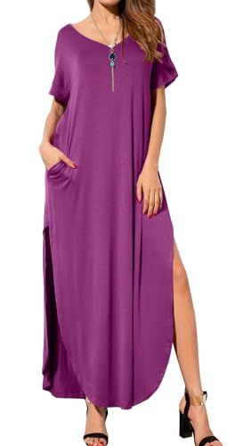 Image of GRECERELLE Women's Summer Maxi Dress Casual Loose V Neck Short Sleeve Side Split Long Dresses with Functional Pockets