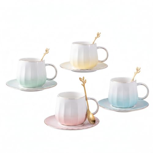 LGQ Ceramic Espresso Cups and Saucers Set of 4, 7oz