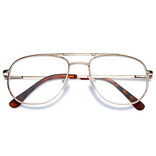 VEVESMUNDO Blue Light Blocking Reading Glasses Pilot Style Metal Frame Large Rectangle Fashion Readers Glasses for Men Women (Gold