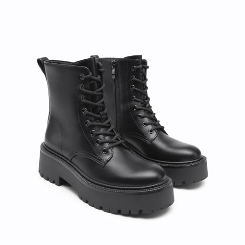 DREAM PAIRS Women's Platform Combat Ankle Boots Fashion Lace-up Short Booties with Lug Sole and Side Zipper3