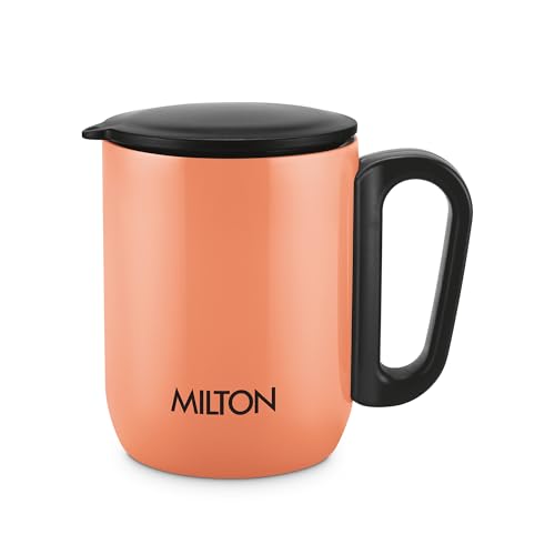 Image of MILTON Gemini Coffee Mug 250 Double Walled Non - Insulated | 220 ml Inner Stainless Steel Tea Mug with Lid & Handle | Hot & Cold | Coffee Mug Travel Tea Cup | Black Coffee | Tea Cup Single | Orange