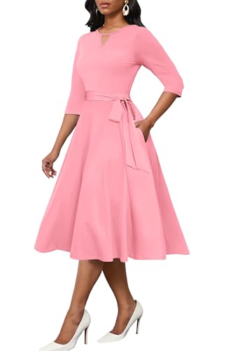 Image of CLOCOR Midi Dresses for Women Casual A-Line Fit and Flare Dress Crewneck 3 /4 Sleeve Keyhole Cocktail Party Church Dress
