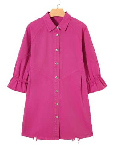 Image of Sidefeel Womens Smocked 3 4 Sleeve Button Down Denim Jeans Dresses