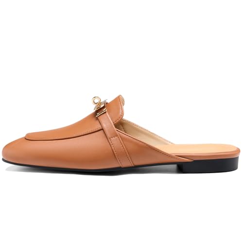 Image of Design Mules for Women, Almond Toe Slip-On Flats, Backless Loafers with Matal Buckle, Comfort Casual & Dressy Shoes