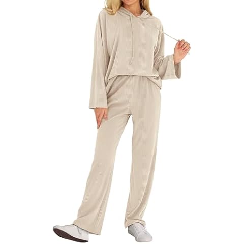 MASCOMODA Fall Two Piece Outfits for Women Ribbed Knit Lounge Set Long Sleeve Hoodie Pullover Tops Wide Leg Pants Tracksuit(Apricot,Large) Cover
