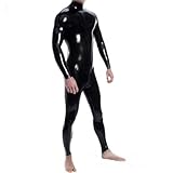 Passiona Neck Entry Black Latex Catsuit Shoulder and Crotch Zipper for Men Rubber Bodysuit (Black, XXL)