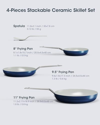 Image of Ceramic Frying Pan Set 3-Piece, Swiss Nonstick Coating PFAS /PTFE /PFOA-Free, Induction Compatible Non Toxic Cookware, Oven & Dishwasher Safe, Space Saving Floating-Stack - 8 /9.5 /11 Inch with Spatula