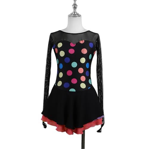 Vestido de patinação artística saia de malha para meninas gola redonda manga longa aberto nas costas