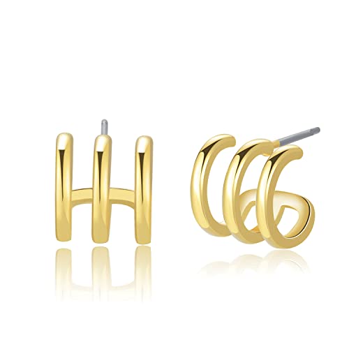 Image of Obidos 14K Gold Plated Illusion Stud Earrings for Women | Triple Huggie Hoop Earrings for One Hole| Trendy Simple Hypoallergenic Fashion Accessories Gold Jewelry Gifts for Womens