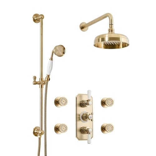Milano Elizabeth Thermostatic Mixer Valve 205mm Shower Head Riser Rail Body Jets - Brass
