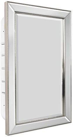 Head West 6297 Metro Beaded Medicine Cabinet, Recess Mount | 3 Adjustable Glass Shelves, Stainless Steel Frame, Installation Freedom with Door Swinging Left or Right, 16" x 26", White and Silver
