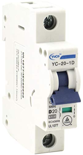 Yuco YC-20-1D DIN Rail Mount Circuit Breaker UL 1077 Supplemental Protection 20 Amp 1 Pole 277VAC 115VDC General Purpose Trip Curve D