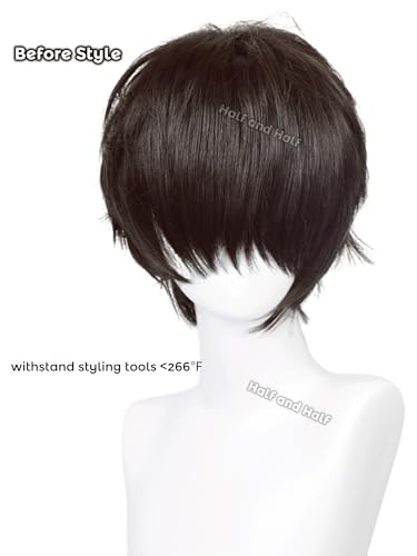 Image of Half and Half Short Brown Black Anime Game Cosplay Wig for Men Brown Spiky Layered Male Costume Wigs for Women Unisex Halloween Party Daily