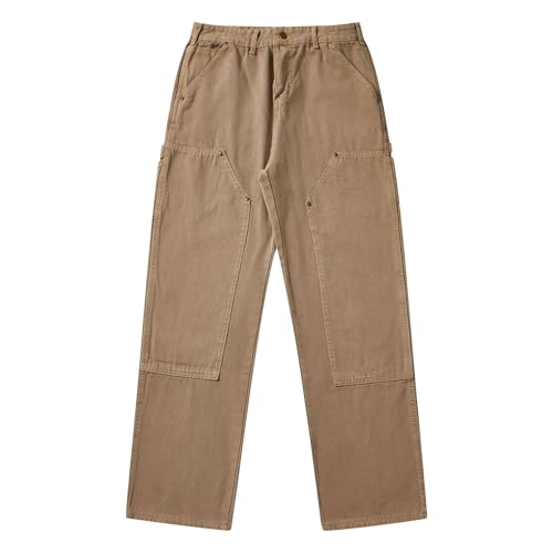 Men's Wide Leg Loose Fit Jeans Washed Duck Double-Front Utility Work Pants with Pockets