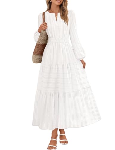 MEROKEETY Fall Dresses for Women 2025 Long Sleeve Casual V Neck Tiered Cotton Wedding Guest Maxi Dress Pockets, White, Large