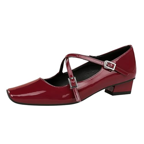 Women's Square Toe Low Chunky Heel Mary Janes with Adjustable Buckle Retro Vintage-Inspired Cross Strap Buckle Block Heel Office Comfort Pumps for Wedding Party Casual