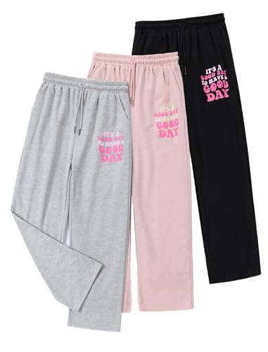 Image of EXARUS 3 Pack Girls Sweatpants Joggers Teen Sweat Pants Wide Leg | Tween Baggy Casual Preppy Pockets High Rise Elastic Waist School Sports Trendy Clothes Kids Youth Junior 6-14Y