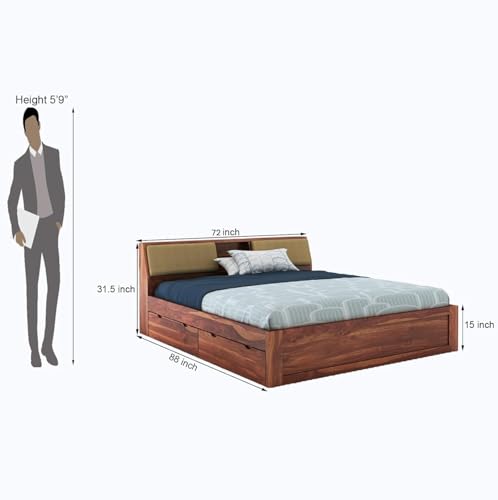 Image of STRATA FURNITURE Sheesham Wood King Size Bed with Drawer Storage Solid Wood Double Bed Palang | Wooden Bed for Bedroom Living Room Furniture (Honey Finish)