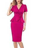 VFSHOW Womens 2024 Elegant Classy Vintage 40s 50s Business Casual Office Professional Sheath Pencil Dresses Puff Sleeve V Neck Slim Fitted Bodycon Dress (Hot Pink, X-Small) 11208 HPIK XS