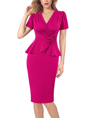 VFSHOW Womens 2024 Elegant Classy Vintage 40s 50s Business Casual Office Professional Sheath Pencil Dresses Puff Sleeve V Neck Slim Fitted Bodycon Dress (Hot Pink, Large) 11208 HPIK L