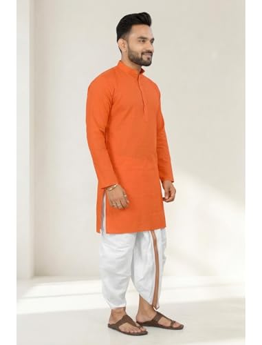 Image of UNIQUE MOMENTS Men's Cotton Dhoti Kurta Set with Full Sleeves Solid Pattern Modern Style and Mandarin Collar Neck | Perfect for Puja & Celebrations