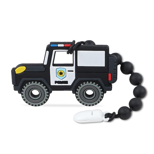 Image of Baby Construction Vehicles Teething Toys,Food Grade Silicone Teether with One-piece Pacifier Clip Holder,Shower Gift for 3 Months+ Boy and Girl,BPA Free,Freezer Safe. (Police Car)