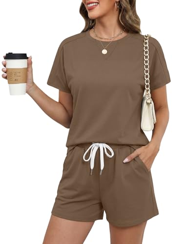 Image of Rapbin Womens Tracksuit Set Crew Neck Solid Color with Two Pockets Loungewear Tracksuits Khaki