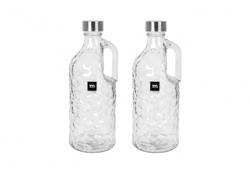 Acan Tradineur - Pack de 2 botellas de cristal con asa 1000 ml, tapa de rosca de plástico y metal, jarra dispensadora 24,7 x 9,5 cm para agua fría o caliente, bebidas, té helado