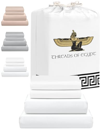 THREADS OF EGYPT 100% Egyptian Cotton Sheets Queen Size | 400 Thread Count | CEA Gold Seal Certified | Ultra Soft | Cooling for Hot Sleepers | 18" Deep Pocket | Queen Size [White]