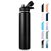 Fijinhom Insulated Water Bottle with Handle, 304 Stainless Steel Water Bottles with Wide Mouth, Double Wall Vacuum Sports Water Bottle, BPA Free, Keep Cold and Hot, 24 Ounces, Black | with Handle