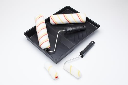 Fit For The Job Dispersionsfarbroller-Set, 2x 225 mm und 2x Mini-Farbroller, Rahmen und Farbwanne, mittelgroße Farbwalzenhülsen für Heimwerker mit Dispersionsfarben an Wänden und Decken