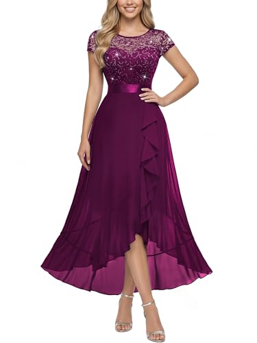 Image of Miusol Women's Scoop Neck Sequined Floral Lace Ruffle Wedding Party Dress | Sequin lace, scoop neck, cap sleeve, ruffle design dress for cocktail party, wedding and formal