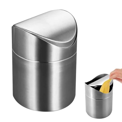 Cubo de Basura de Mesa, 2L Mini Cubo de Basura de Acero Inoxidable con Tapa, Papelera Baño Pequeña Bote de Reciclar de Abatible para Escritorio, Oficina, Baño, Cocina, Dormitorio (Plata, 12×12×16cm)