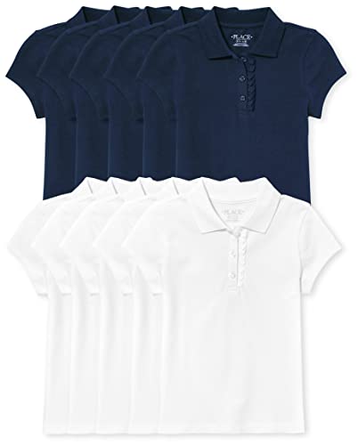 The Children's Place Girl's Short Sleeve Ruffle Pique Polo, Tidal/White, Medium