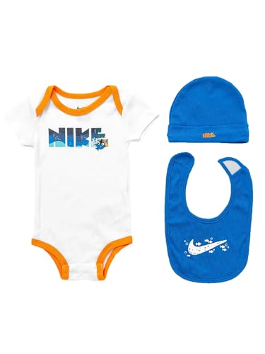 Image of NIKE Baby 3-Piece Set, Bodysuit, Beanie, Bib White Blue Unisex Baby Girl Boy 6-12 Months