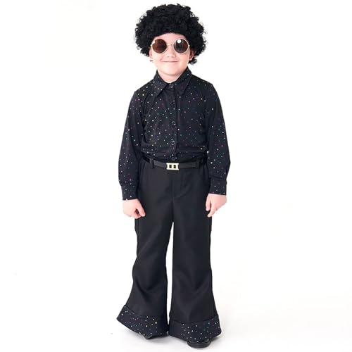 YOSUWOAI Disfraz de los años 70 para niños, estilo hippie, retro, con peluca, gafas de sol, camisa y pantalones acampanados para carnaval, Halloween, fiesta temática, O negro., M