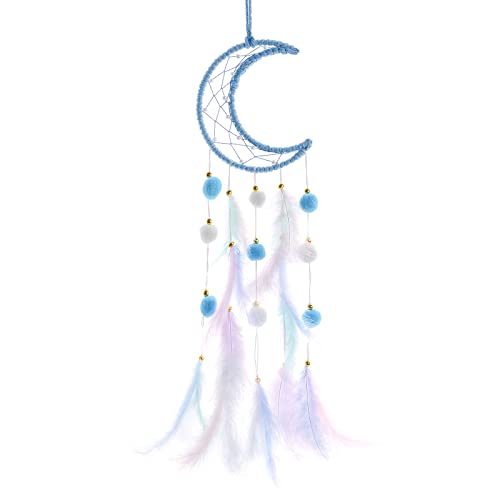 Image of Pretty Jolly Blue Moon Kids Dream Catcher Wall Decor Pompom Feather Baby Dreamcatcher Handmade Children Dream Catcher Home Décor Wall Hanging for Nursery Bedroom Boys Girls Birthday Gift-25.6in