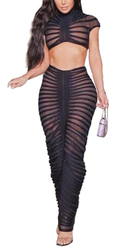 Image of Sexy See Through Long Dress Knitted Sheer Mock Neck Crop Top and Maxi Skirt 2 Piece Outfits Sets